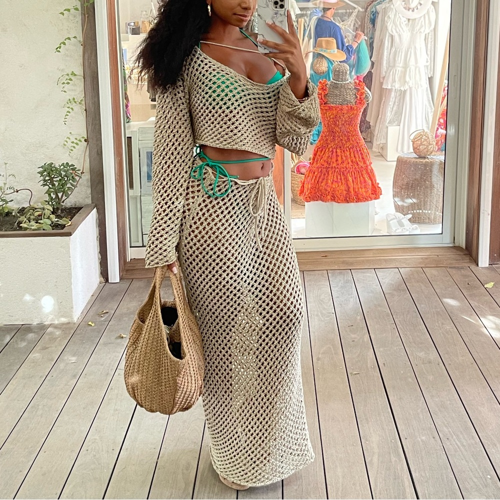 Mesh tan skirt cover up set